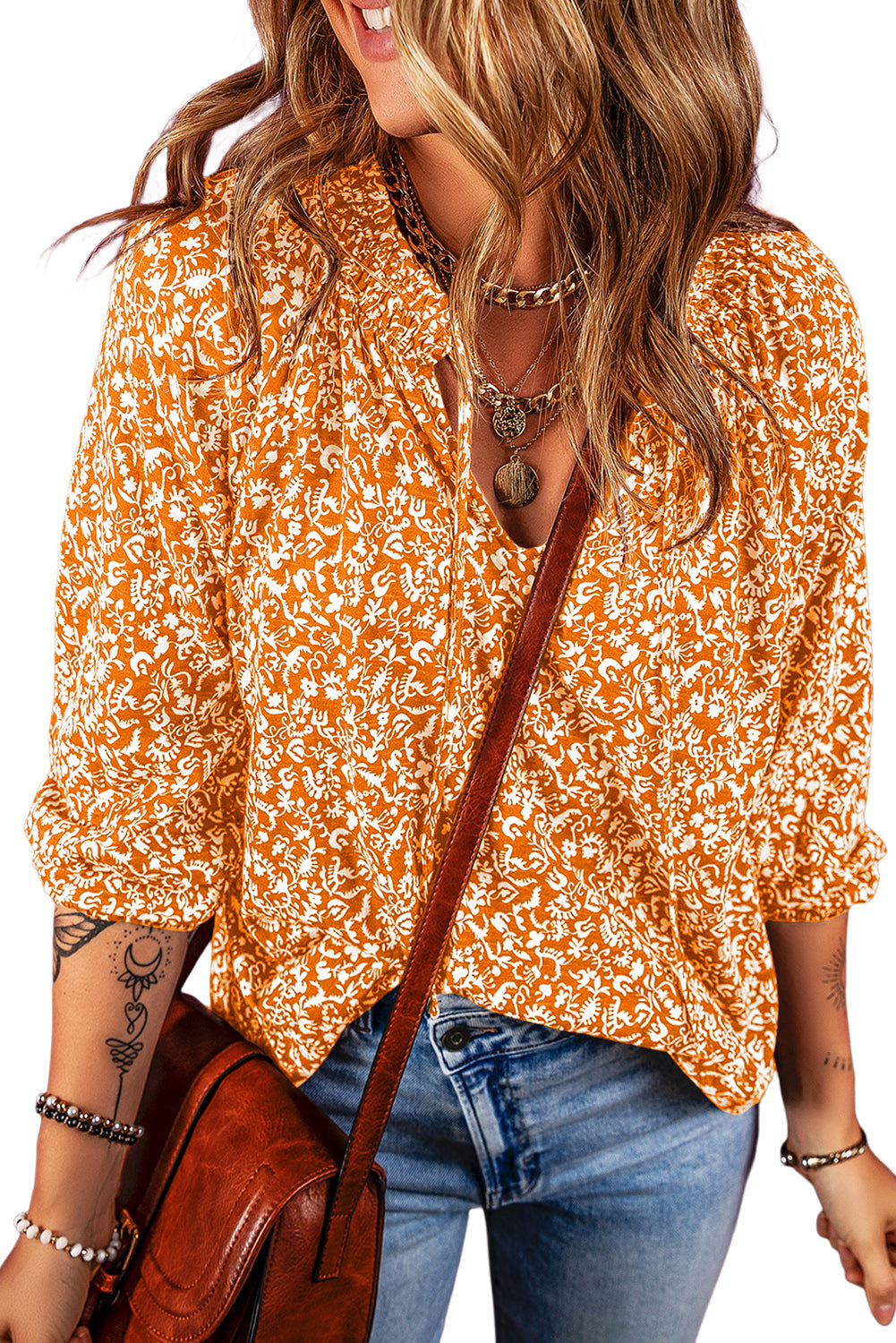 Russet Orange Floral Print Smocked Tie Neck Blouse Tops & Tees JT's Designer Fashion