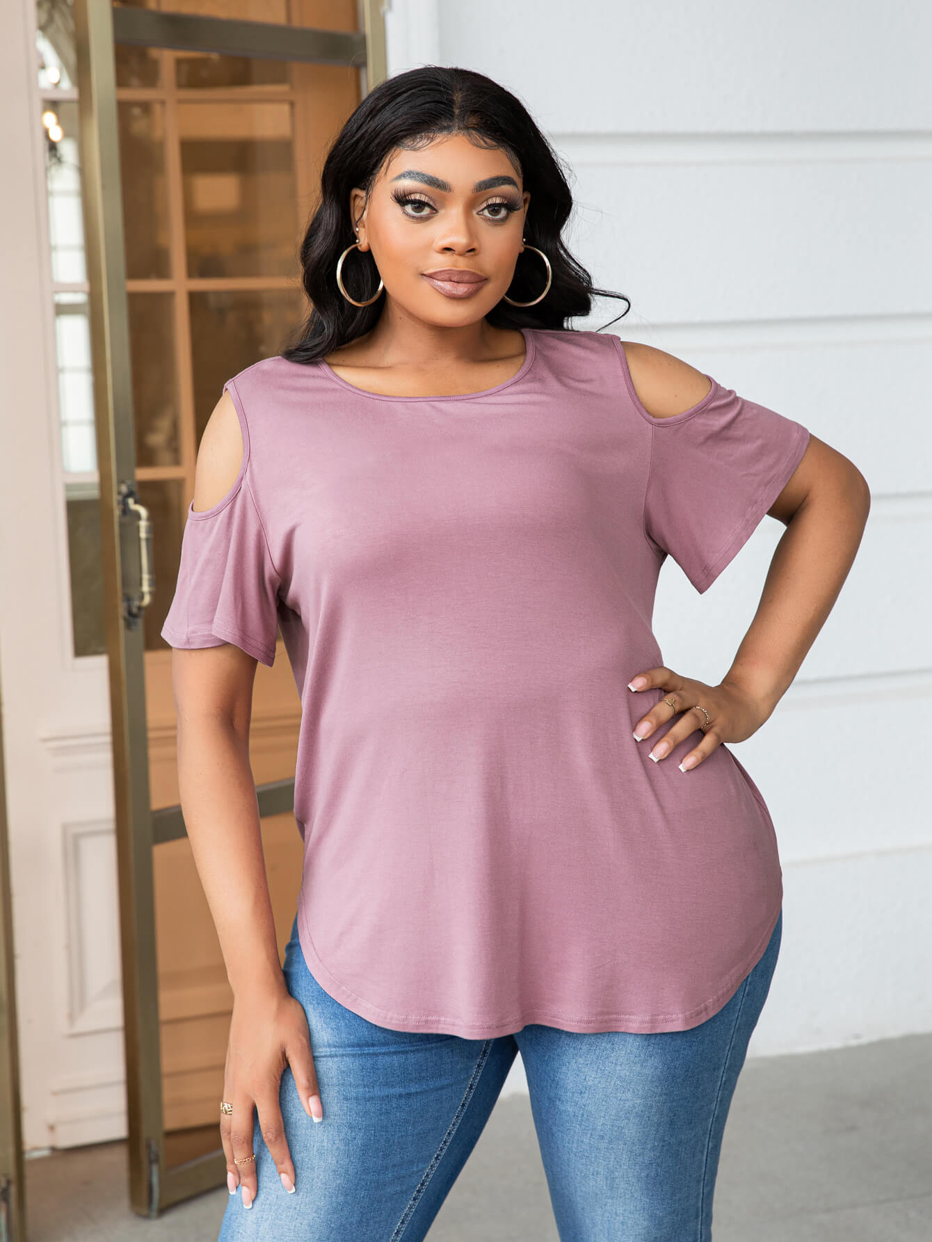 Plus Size Cold-Shoulder Round Neck Curved Hem Tee Dusty Pink Plus Size Tops JT's Designer Fashion