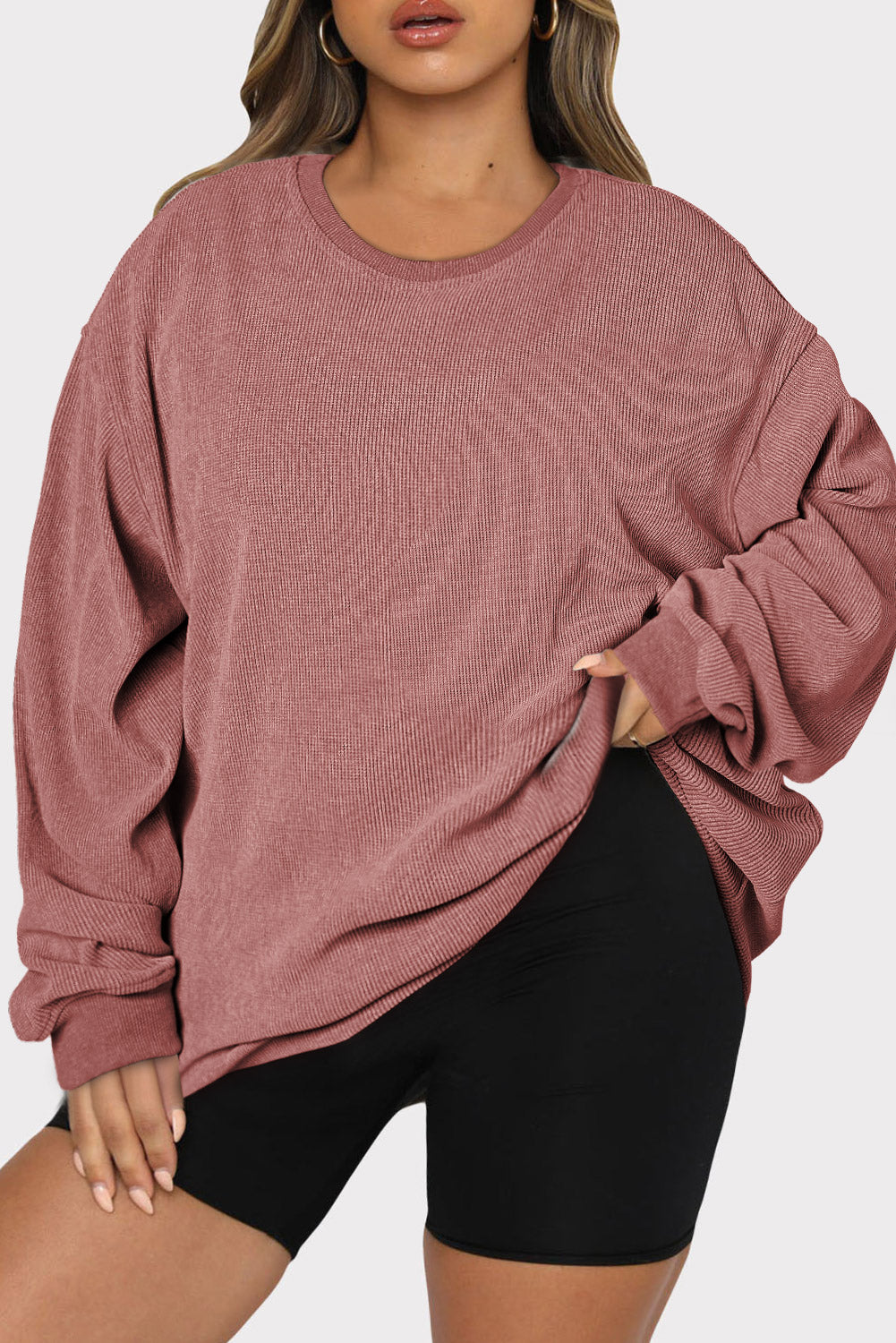 Pink Plus Size Corded Round Neck Sweatshirt Sweatshirts & Hoodies JT's Designer Fashion