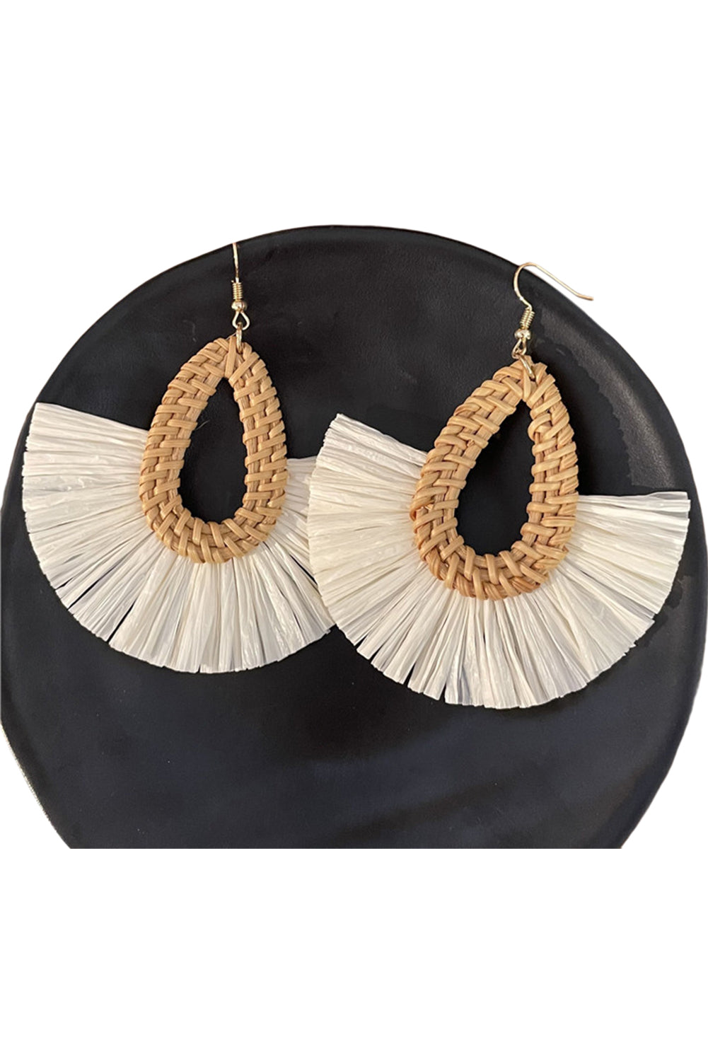 Beige Bohemian Semi-circle Woven Drop Earrings Jewelry JT's Designer Fashion