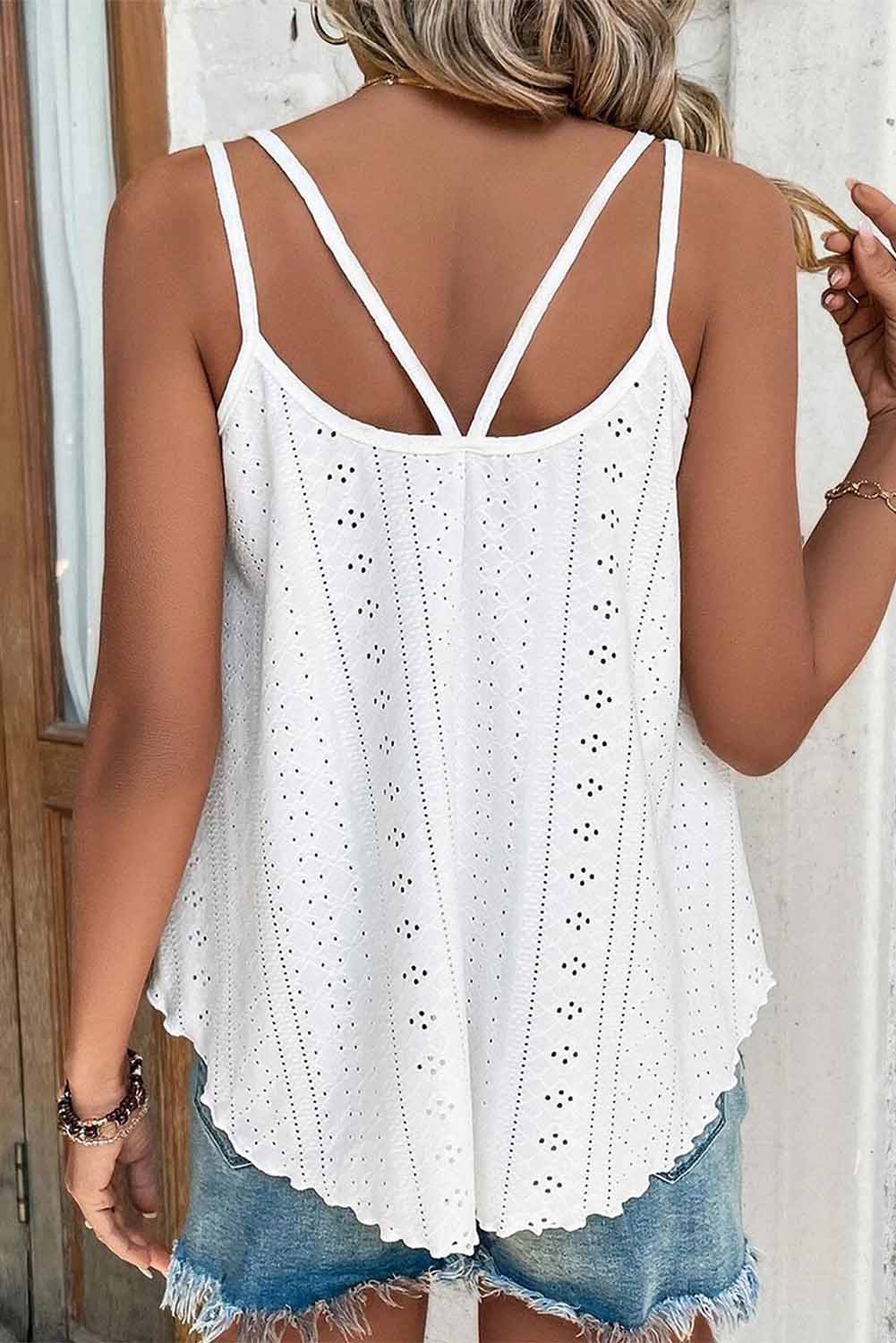 White Eyelet Strappy Scoop-Neck Tank Top Tank Tops JT's Designer Fashion