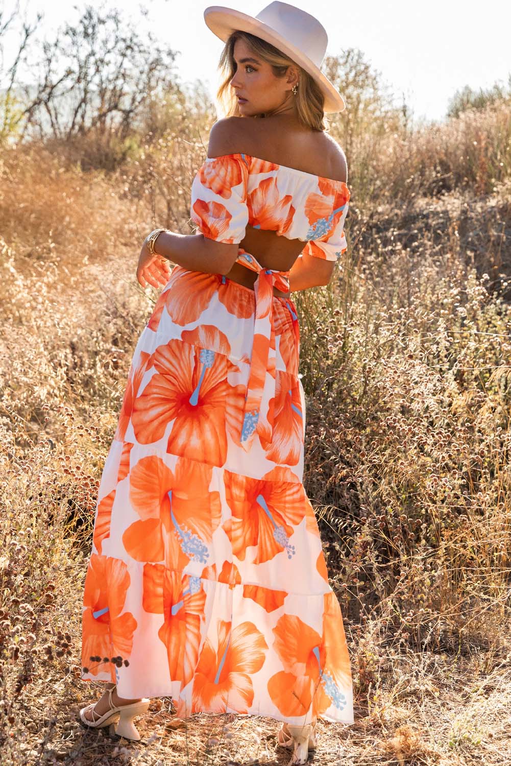 Orange Floral Print Off Shoulder Backless Maxi Dress Floral Dresses JT's Designer Fashion