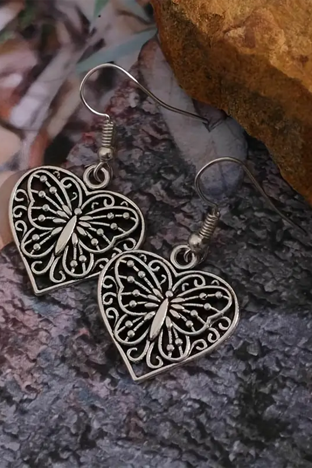 Silvery Retro Hollowed Butterfly Heart Pendant Earrings Jewelry JT's Designer Fashion