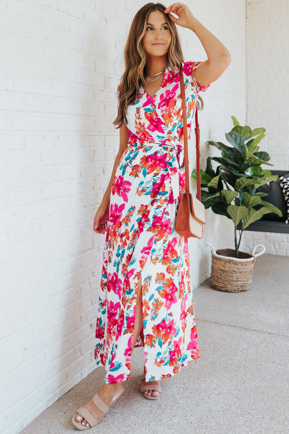 Rose Wrap V Neck Short Sleeve Floral Maxi Dress Floral Dresses JT's Designer Fashion