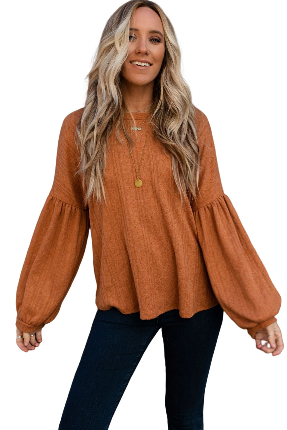 Orange Drop Shoulder Puff Sleeve Knit Top Tops & Tees JT's Designer Fashion