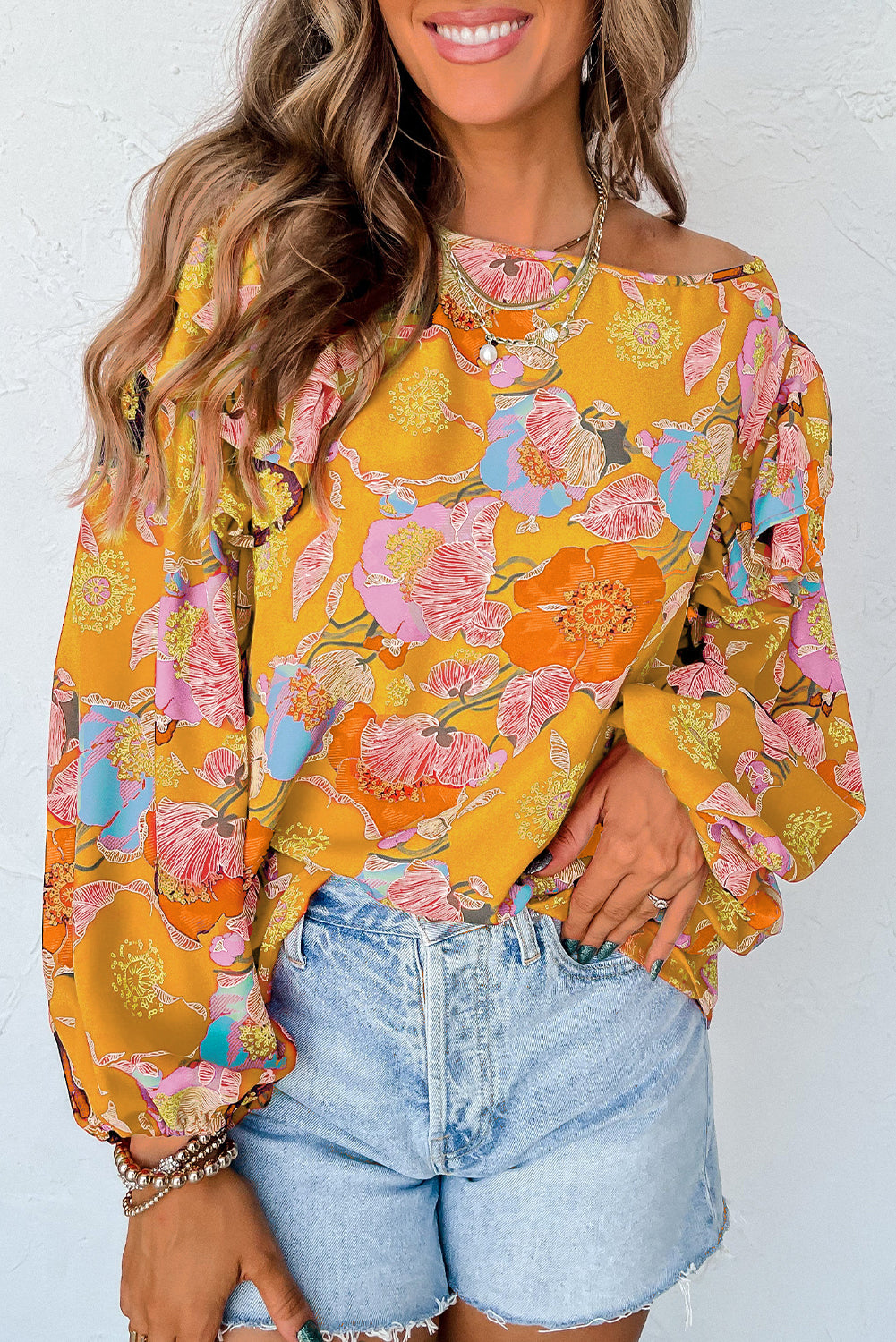 Ginger Floral Print Ruffle Puff Sleeve Blouse Tops & Tees JT's Designer Fashion