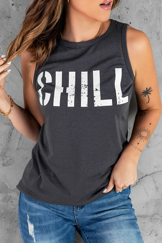 CHILL Graphic Print Tank Top Gray 95%Polyester+5%Elastane Tank Tops JT's Designer Fashion