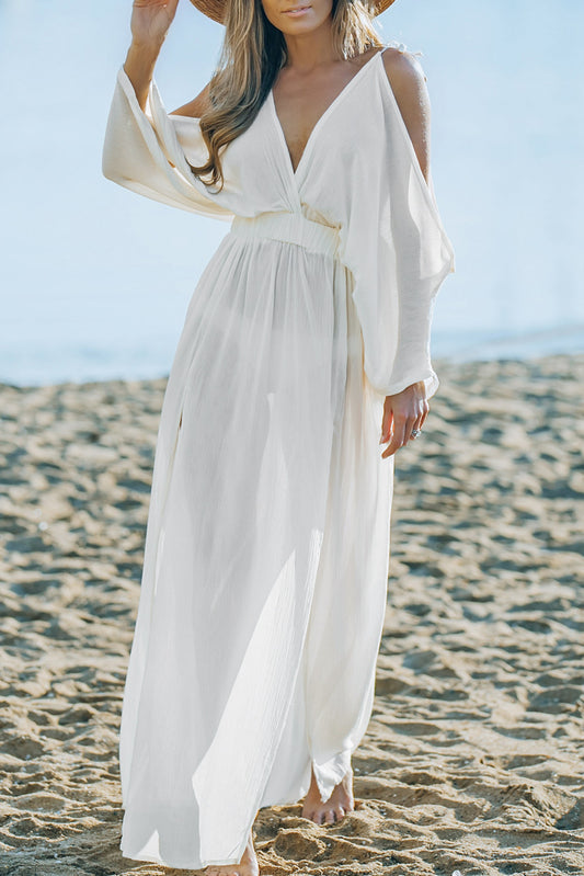 White Cold Shoulder Side Slit Deep V Neck Maxi Dress White 96%Vicose+4%Polyester Maxi Dresses JT's Designer Fashion