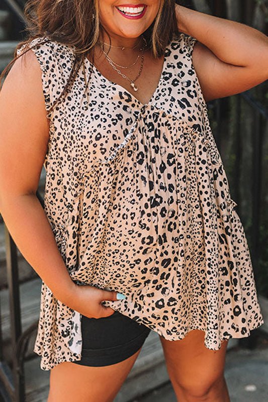 Leopard Plus Size V Neck Frilled Babydoll Tank Top Plus Size Tops JT's Designer Fashion