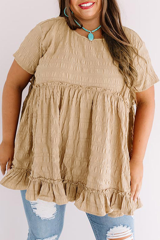 Khaki Plus Size Crinkle Textured Ruffle Trim Babydoll Top Plus Size Tops JT's Designer Fashion