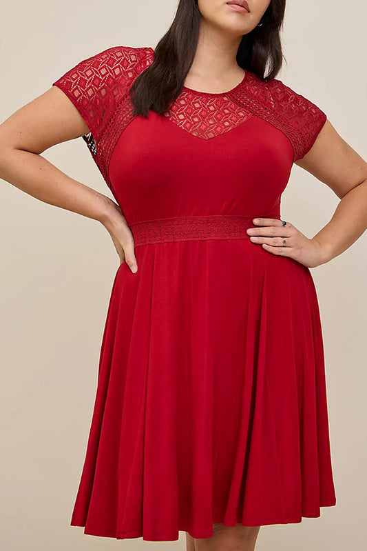 Red Plus Size Lace Yoke Splice Fit-and-flare Curvy Dress Red 95%Polyester+5%Elastane Plus Size Dresses JT's Designer Fashion