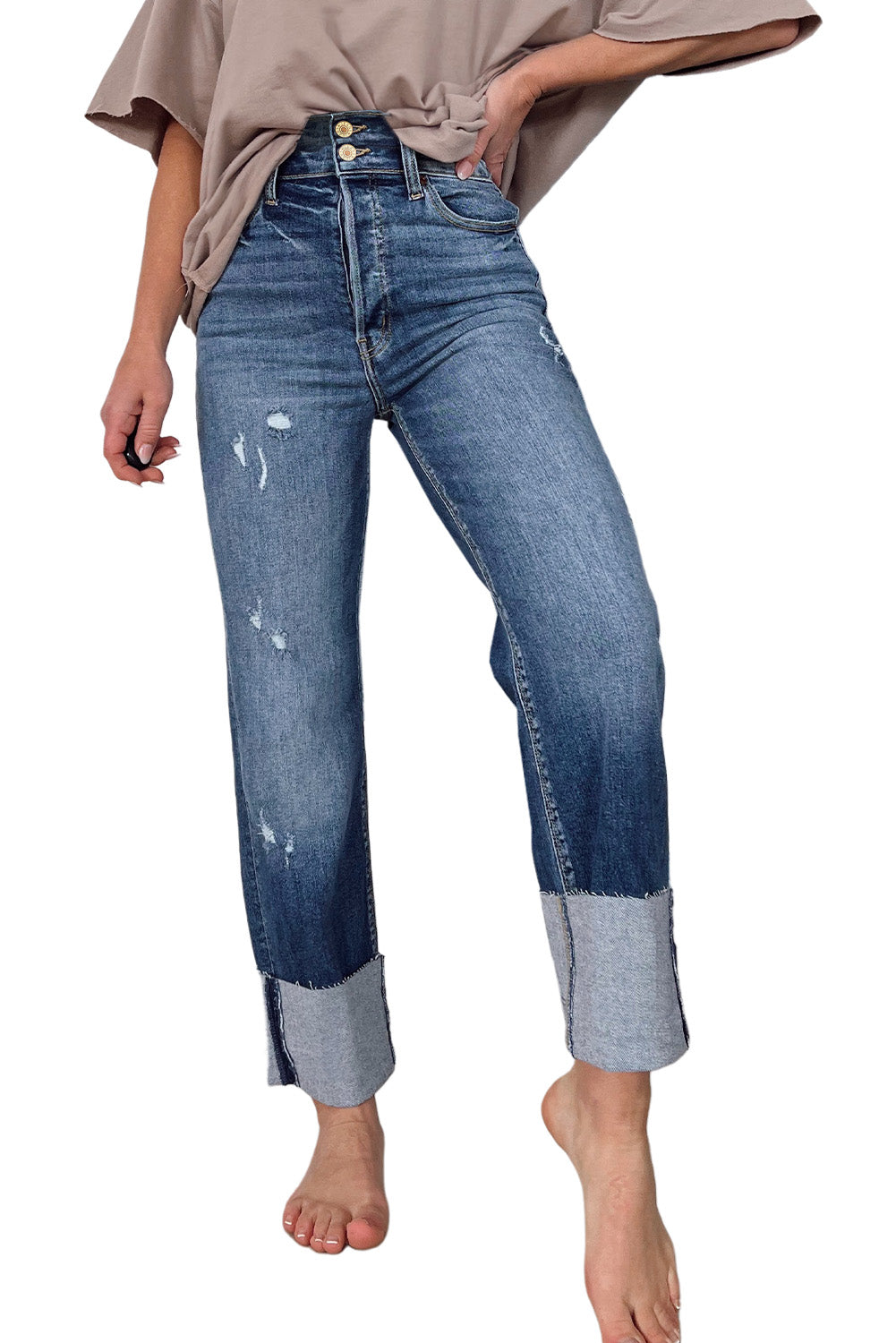 Blue High Waist Distressed Straight-Leg Jeans Bottoms JT's Designer Fashion