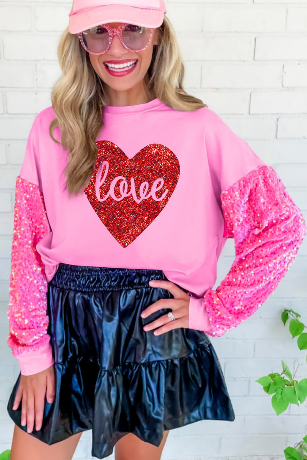 Pink Shiny Heart Shape love Print Sequined Sleeve Top Graphic Sweatshirts JT's Designer Fashion