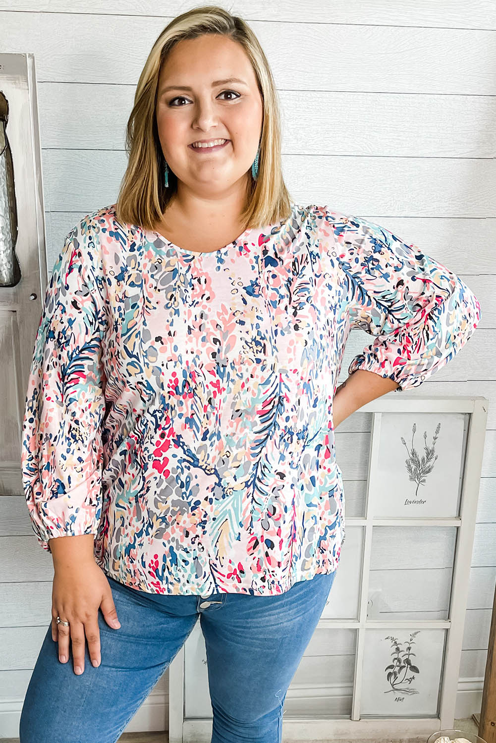 Multicolor Floral Round Neck Long Sleeve Plus Size Top Plus Size JT's Designer Fashion