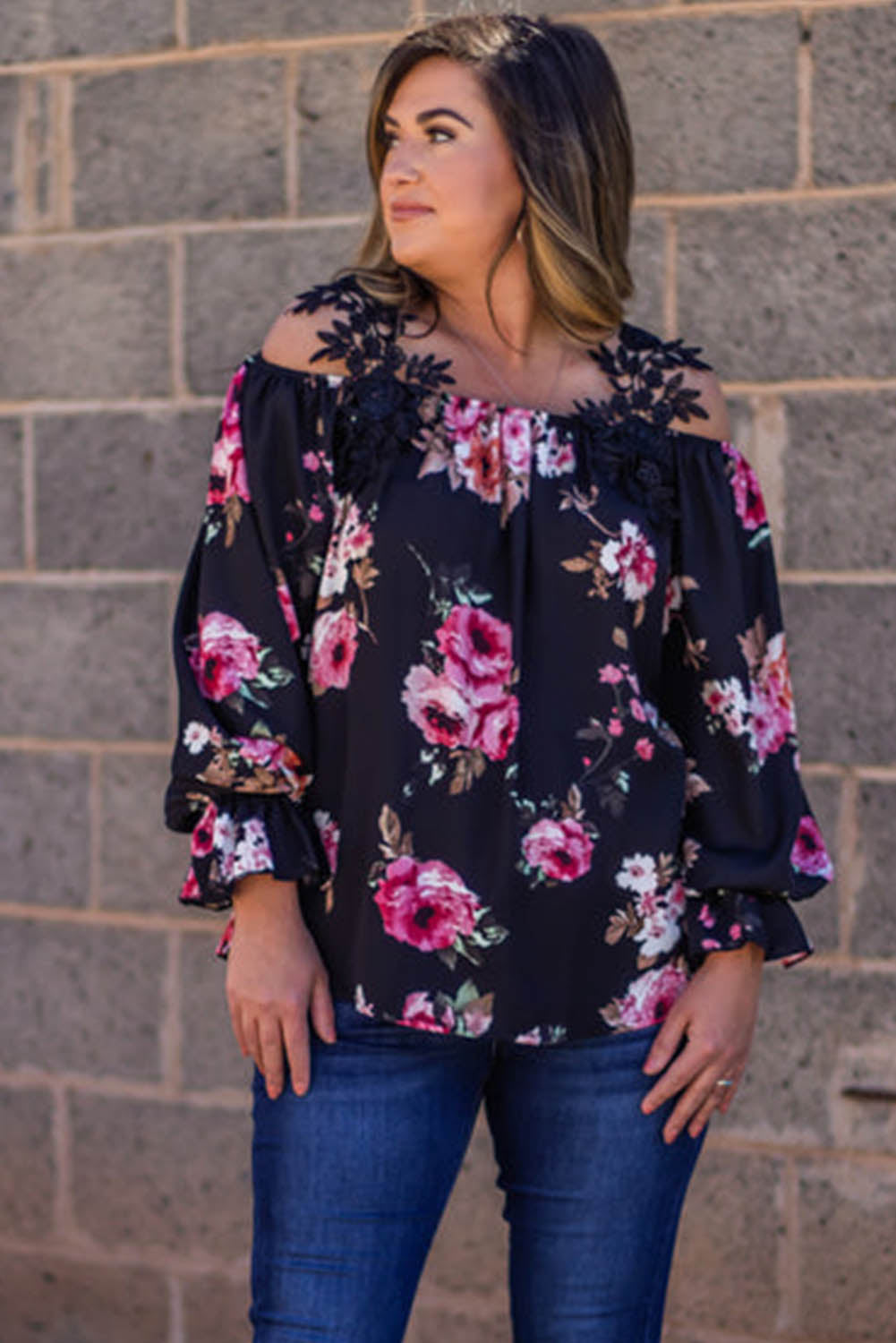 Black Plus Size Crochet Detail Off-shoulder Floral Blouse Plus Size JT's Designer Fashion