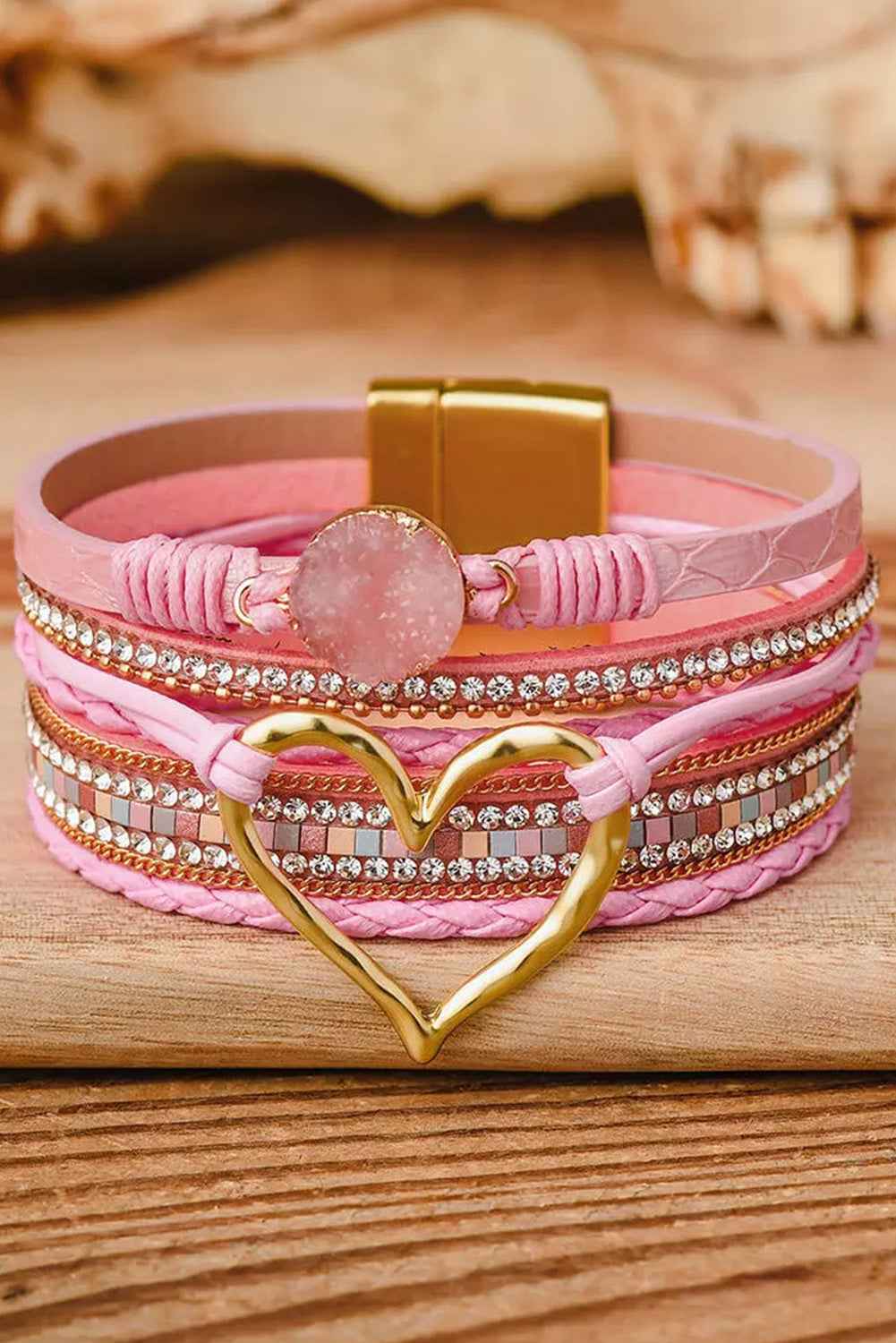 Barbie Style Pink Bohemian Heart Rhinestone Magnetic Buckle Bracelet Jewelry JT's Designer Fashion