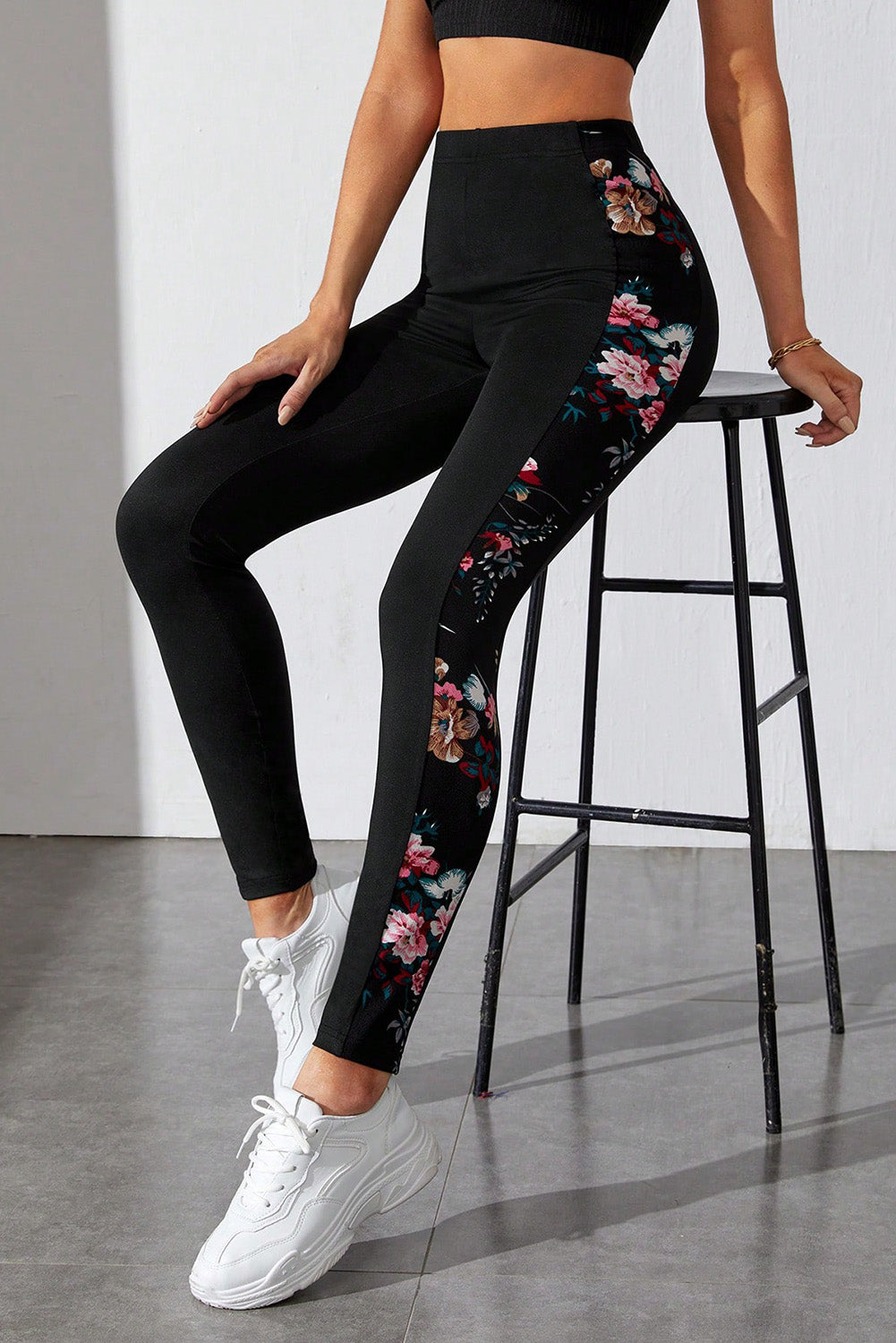 Black Floral Print Patch High Waist Leggings Bottoms JT's Designer Fashion