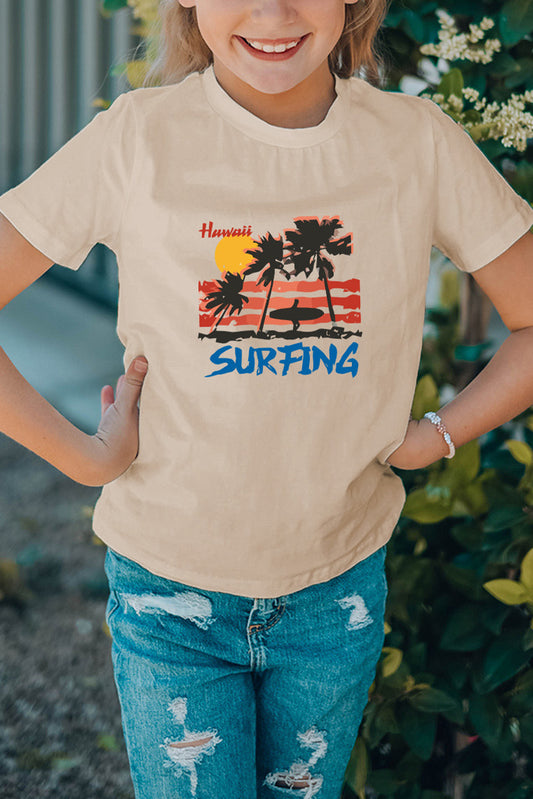 Apricot Family Matching Surfing Plant Print Girl's Graphic Tee Apricot 95%Cotton+5%Elastane Family T-shirts JT's Designer Fashion