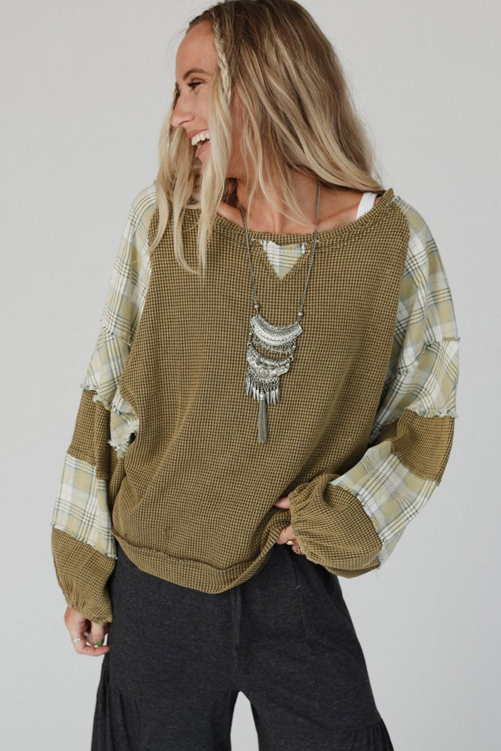 Green Waffle Knit Plaid Patch Long Sleeve Top Tops & Tees JT's Designer Fashion