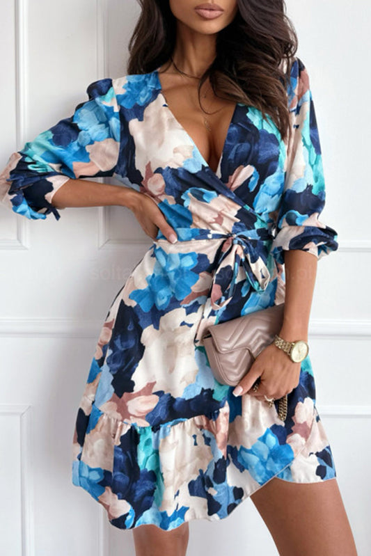 Blue Abstract Floral Long Sleeve Tied Ruffle Dress Dresses JT's Designer Fashion