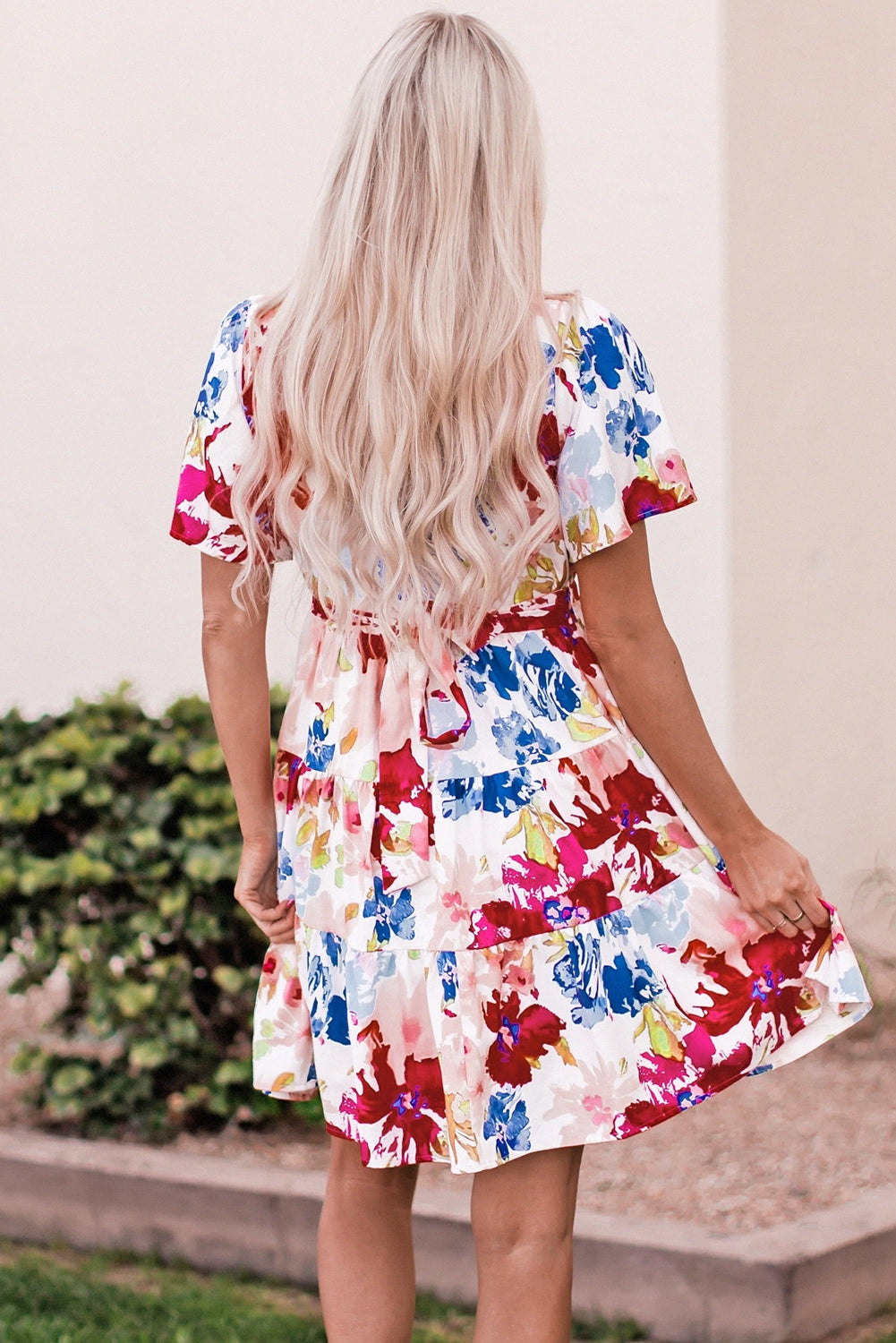 Multicolor Sweet Floral Wrap V Neck Skater Dress Floral Dresses JT's Designer Fashion