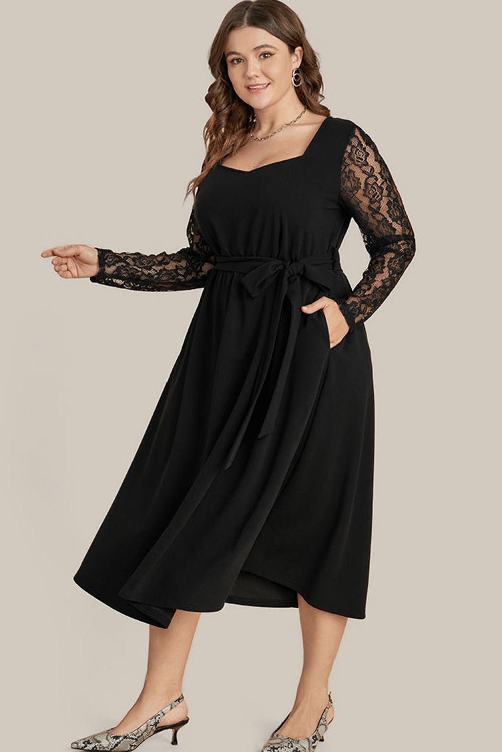 Black Plus Size Sheer Lace Sleeve Belted Ruffle Midi Dress Plus Size JT's Designer Fashion