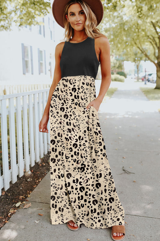 Leopard White Striped Floral Print Sleeveless Maxi Dress with Pocket Dresses JT's Designer Fashion