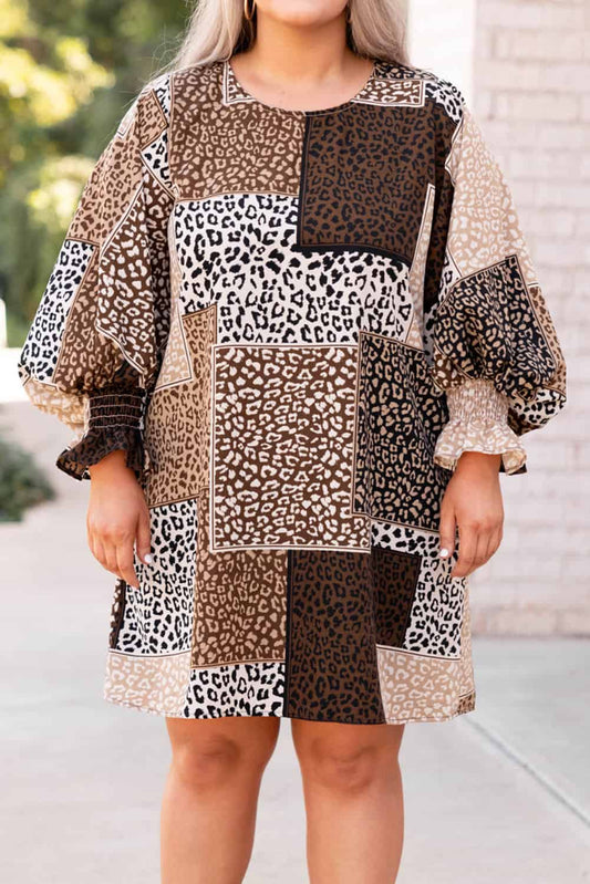 Chestnut Plus Size Mixed Leopard Print Puff Sleeve Dress Plus Size JT's Designer Fashion