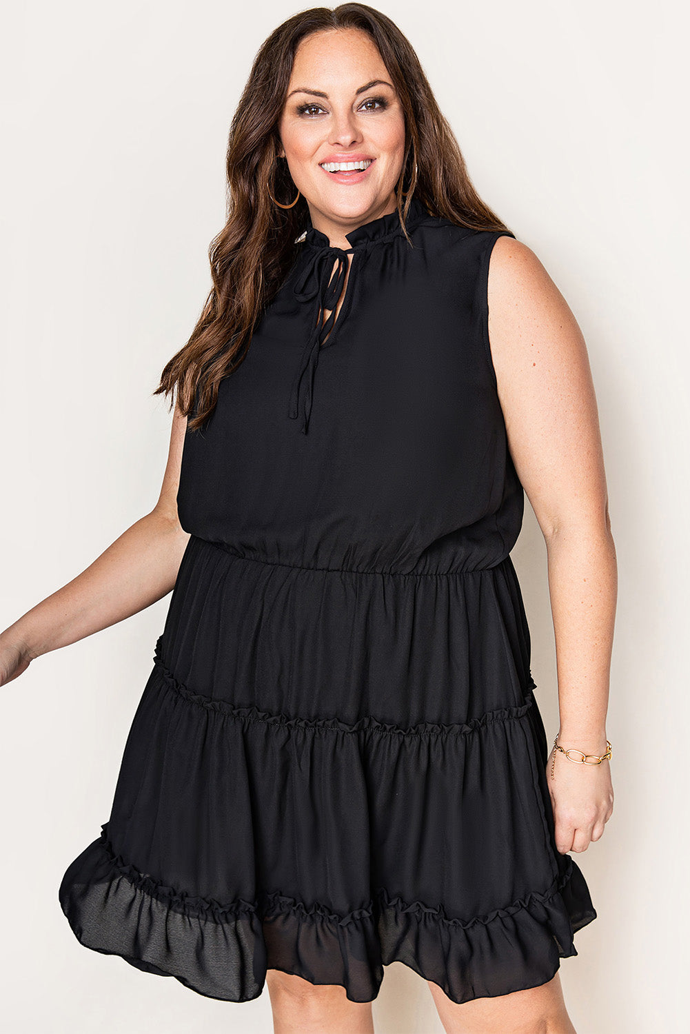 Black Plus Size Drawstring V-Neck Sleeveless Frilled Dress Plus Size JT's Designer Fashion