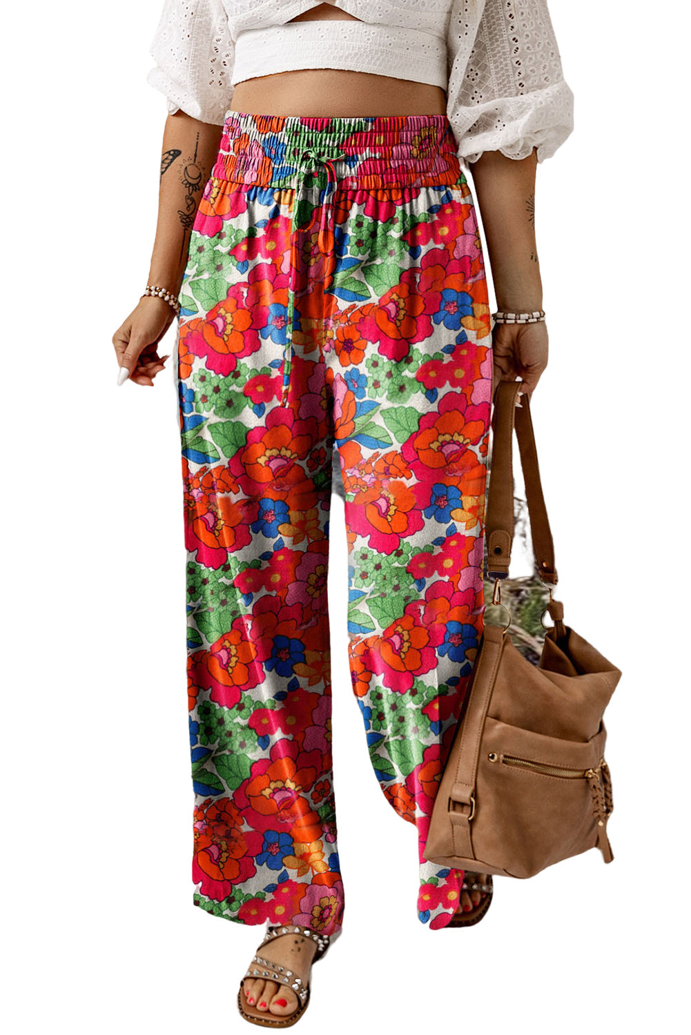 Multicolor Floral Print Tie Elastic High Waist Palazzo Pants Bottoms JT's Designer Fashion