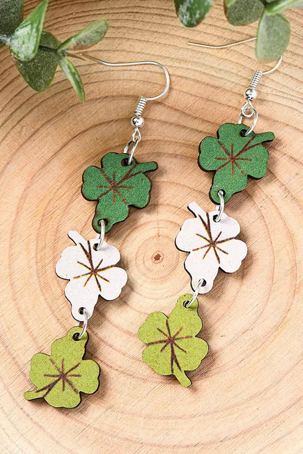 Green St. Patricks Day Lucky Shamrock Wooden Earrings Jewelry JT's Designer Fashion