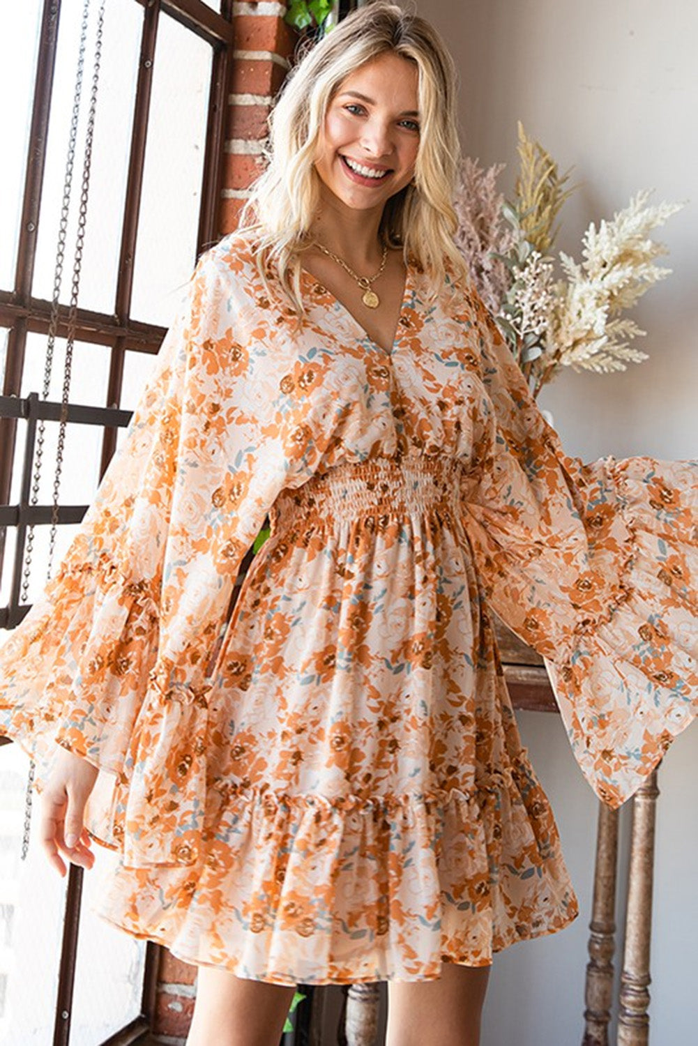 Orange Floral V Neck Smocked Waist Wide Sleeve Dress Dresses JT's Designer Fashion