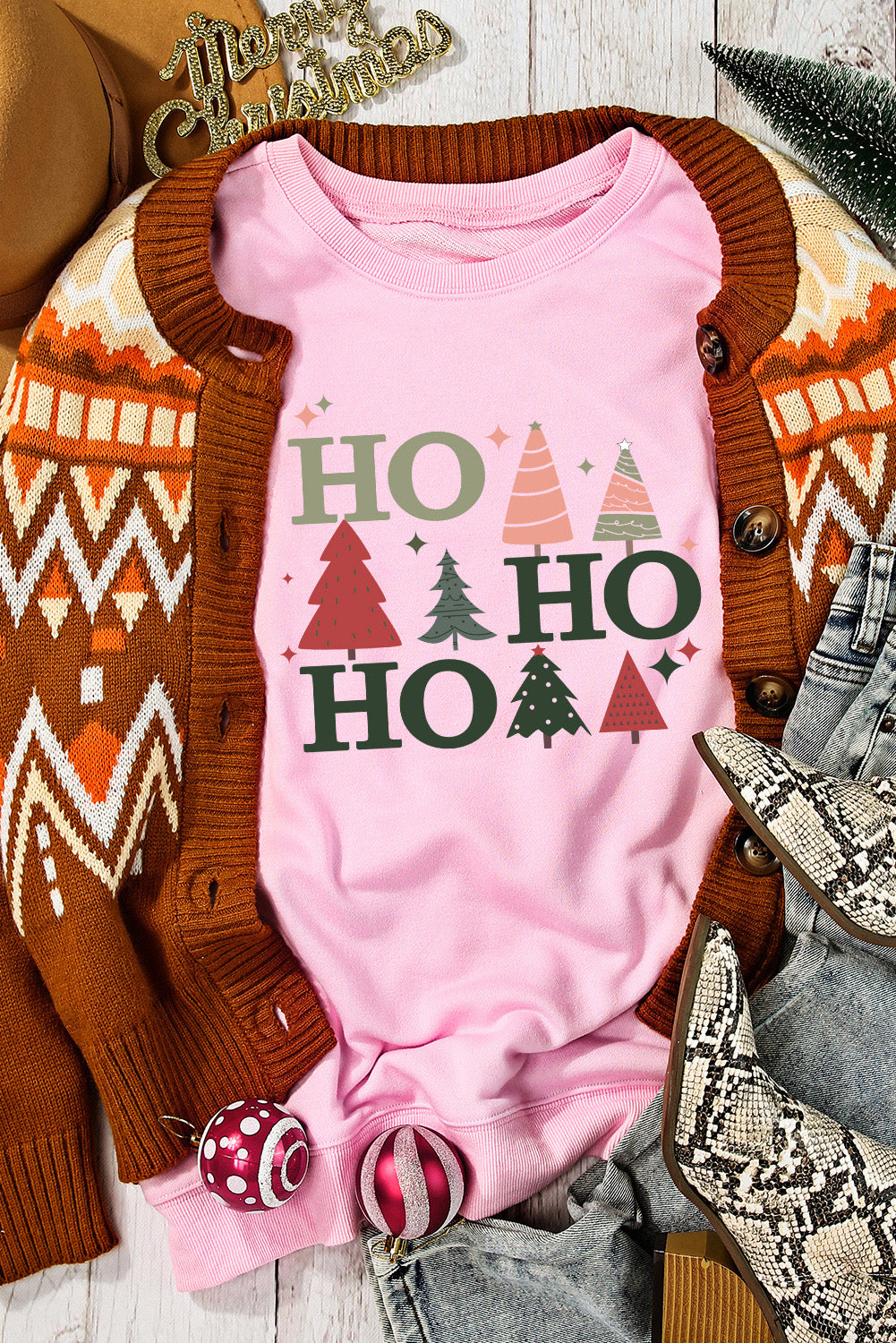 Pink Christmas Tree HO Graphic Pullover Sweatshirt Graphic Sweatshirts JT's Designer Fashion