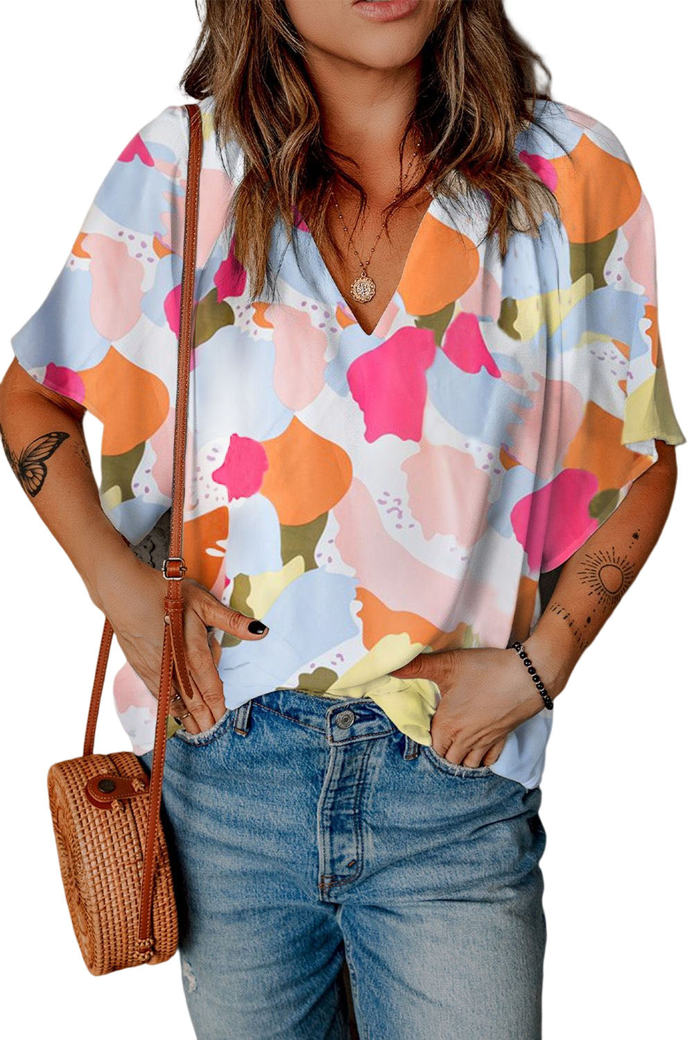 Multicolor Floral Print V Neck Half Sleeve Blouse Blouses & Shirts JT's Designer Fashion