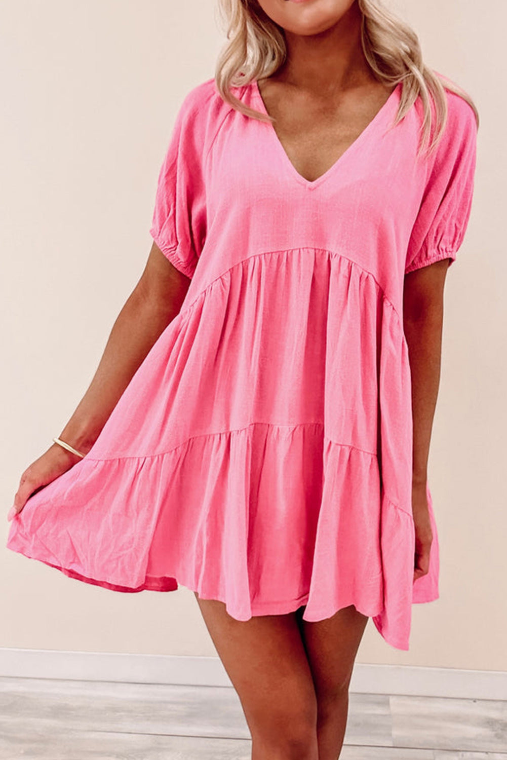 Strawberry Pink Puff Sleeve V Neck Tiered Swing Dress Dresses JT's Designer Fashion