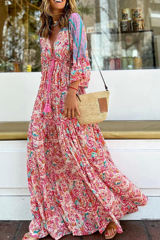 Red Boho Floral Paisley Print Tassel Tie V Neck Maxi Dress Dresses JT's Designer Fashion