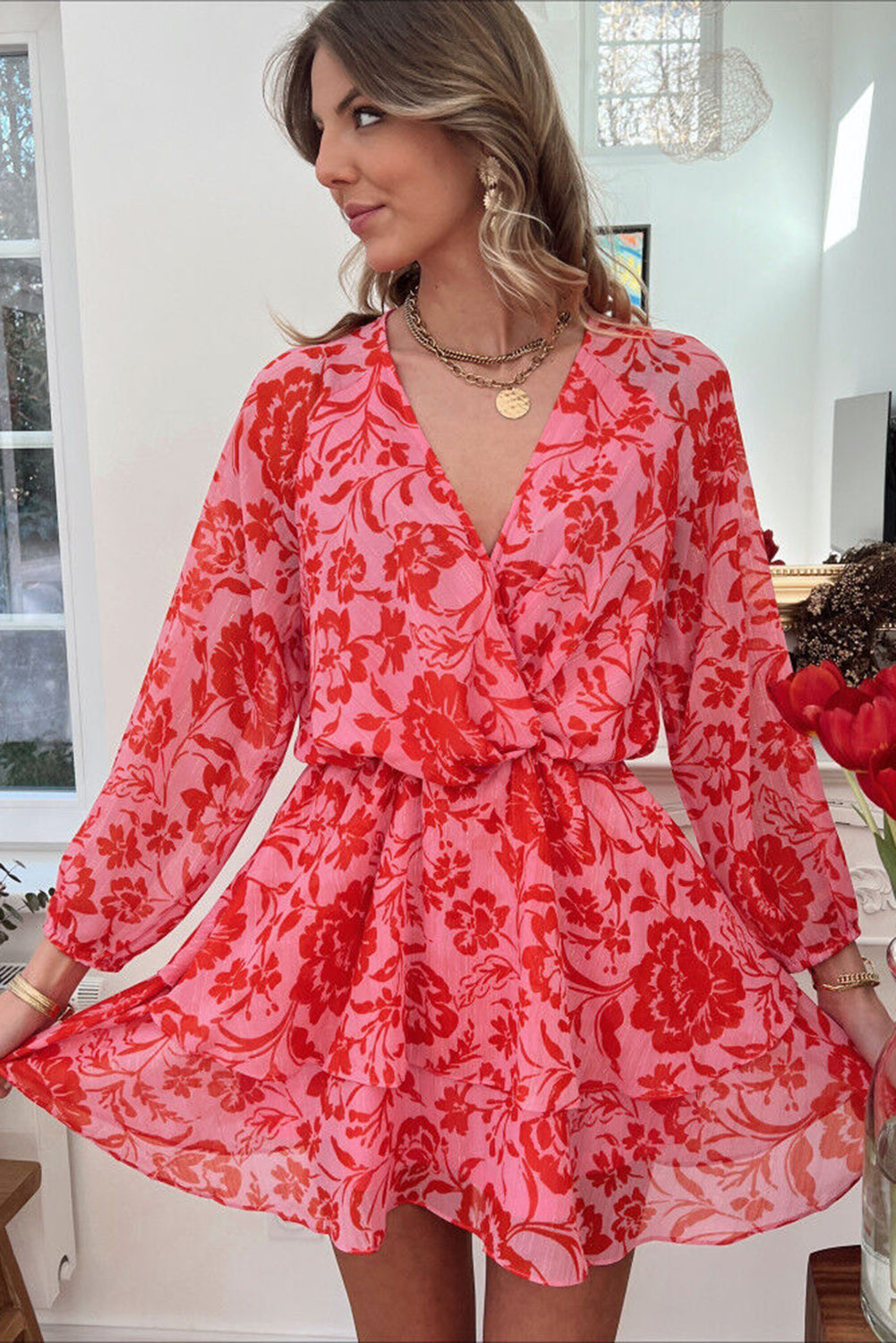 Red Floral Ruffle Layered Puff Sleeve Surplice Dress Dresses JT's Designer Fashion