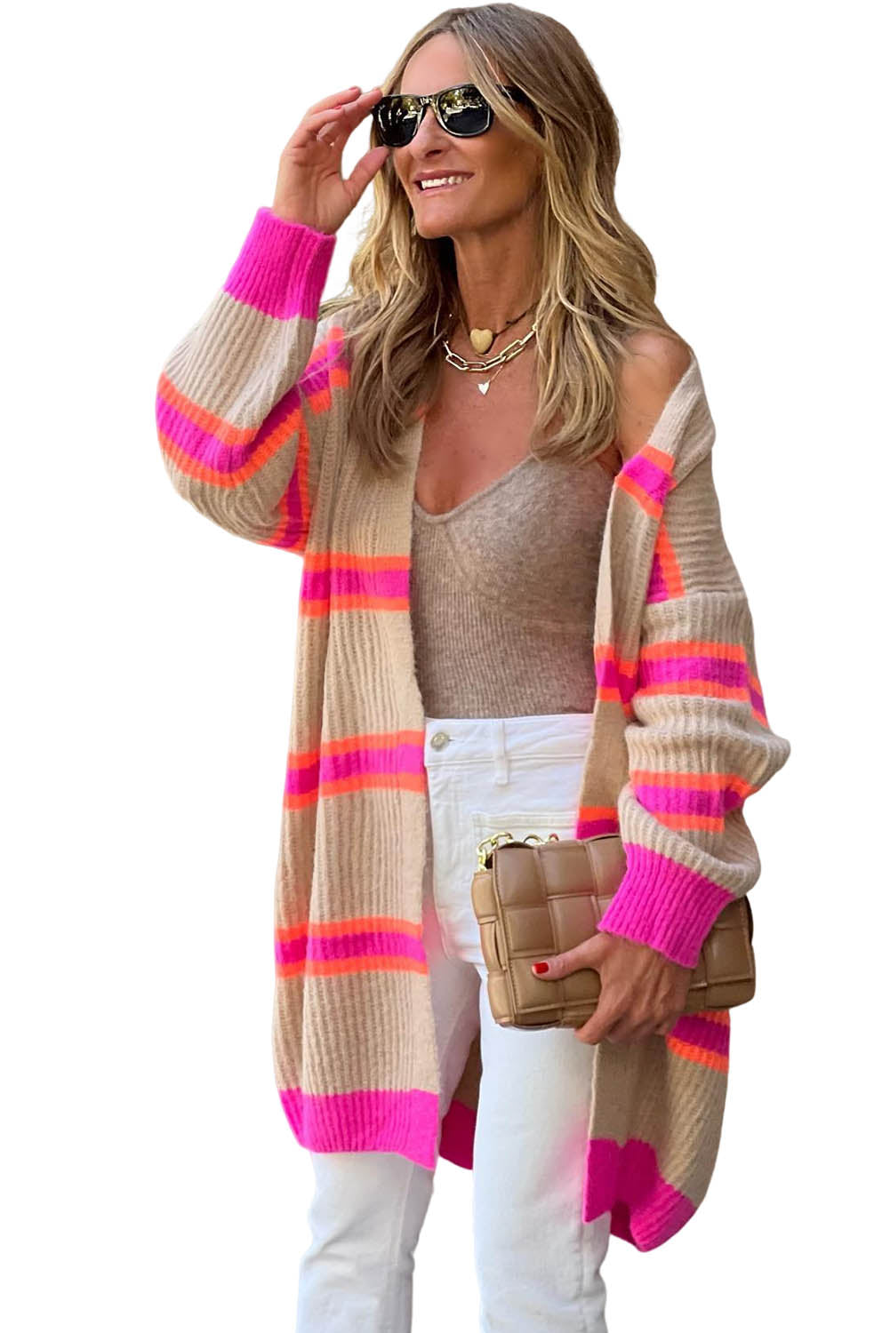 Pink & Cream Stripe Printed Ribbed Long Knitted Cardigan Pre Order Sweaters & Cardigans JT's Designer Fashion