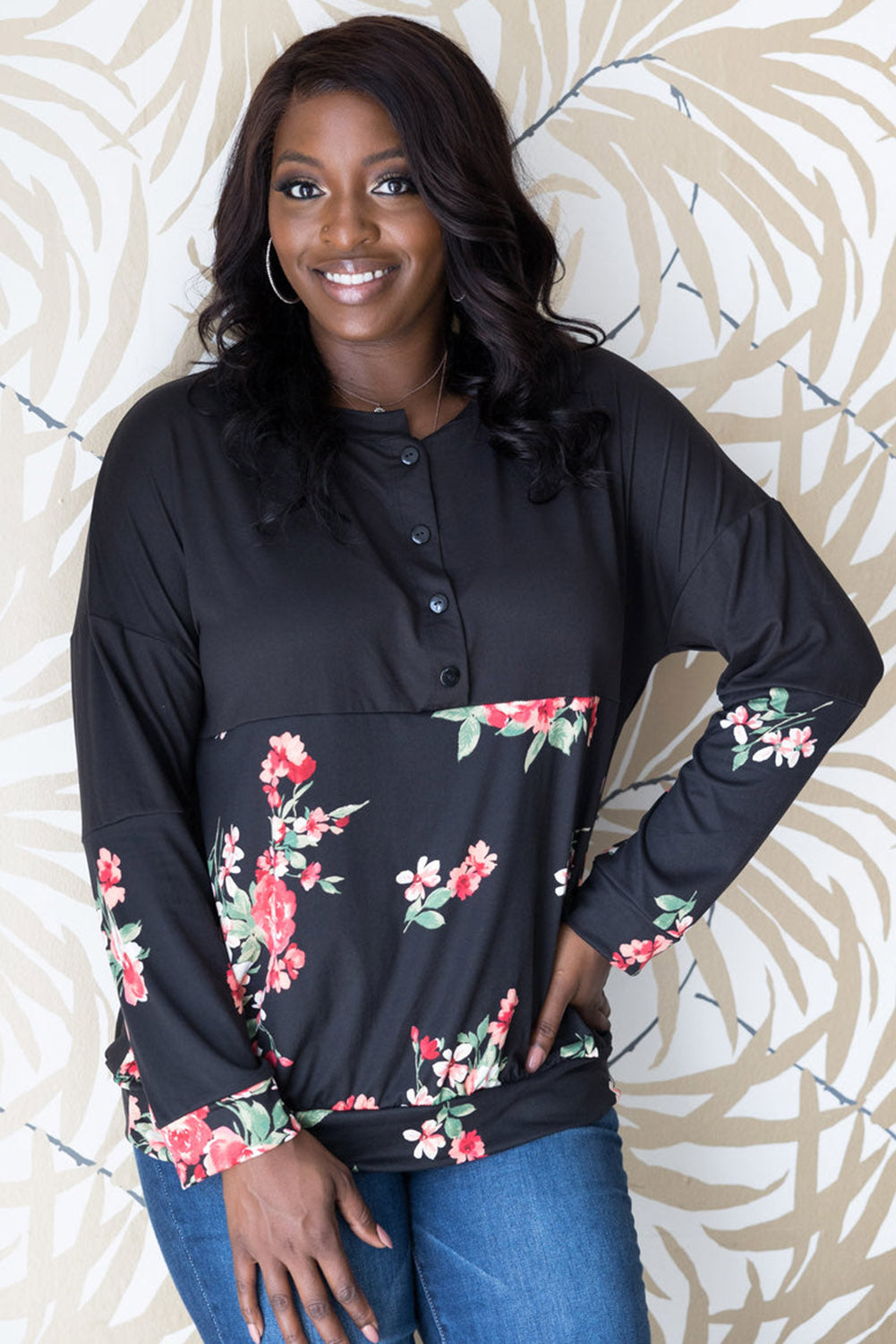 Black Floral Printed Splicing Half Button Plus Size Top Plus Size JT's Designer Fashion