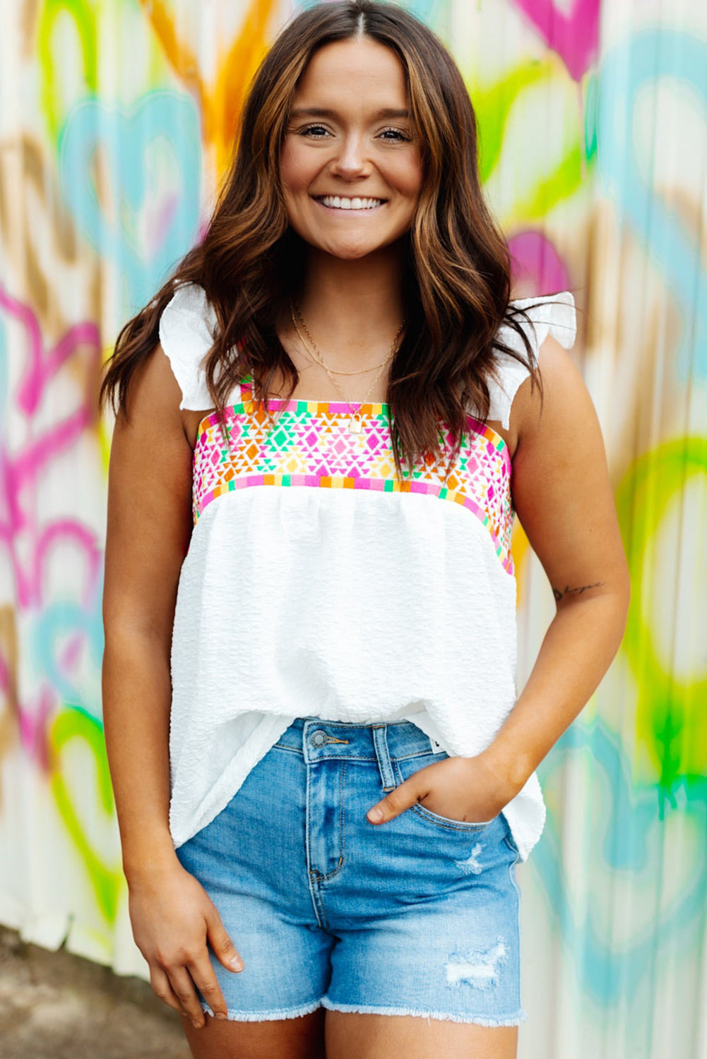 White Aztec Embroidered Square Neck Ruffle Tank Top Tank Tops JT's Designer Fashion