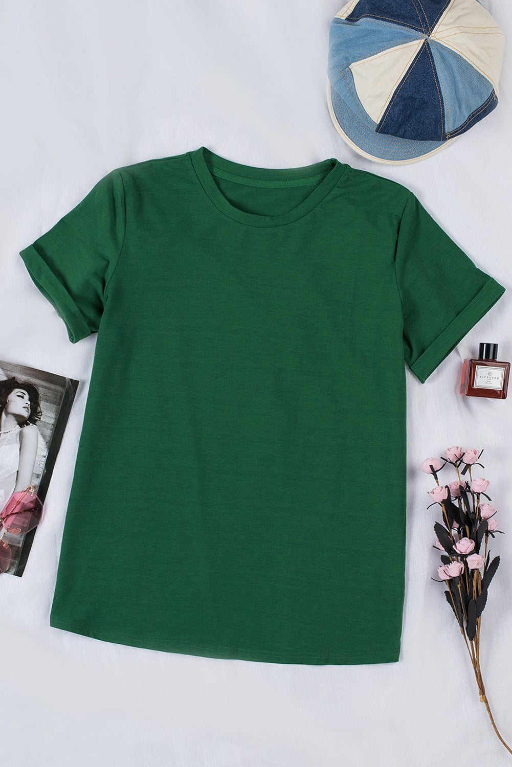 Green Solid Color Crew Neck Tee Tops & Tees JT's Designer Fashion