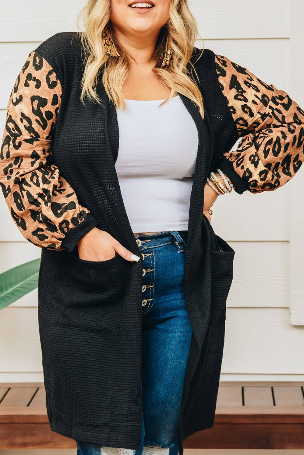 Black Plus Size Contrast Leopard Sleeve Cardigan Plus Size JT's Designer Fashion