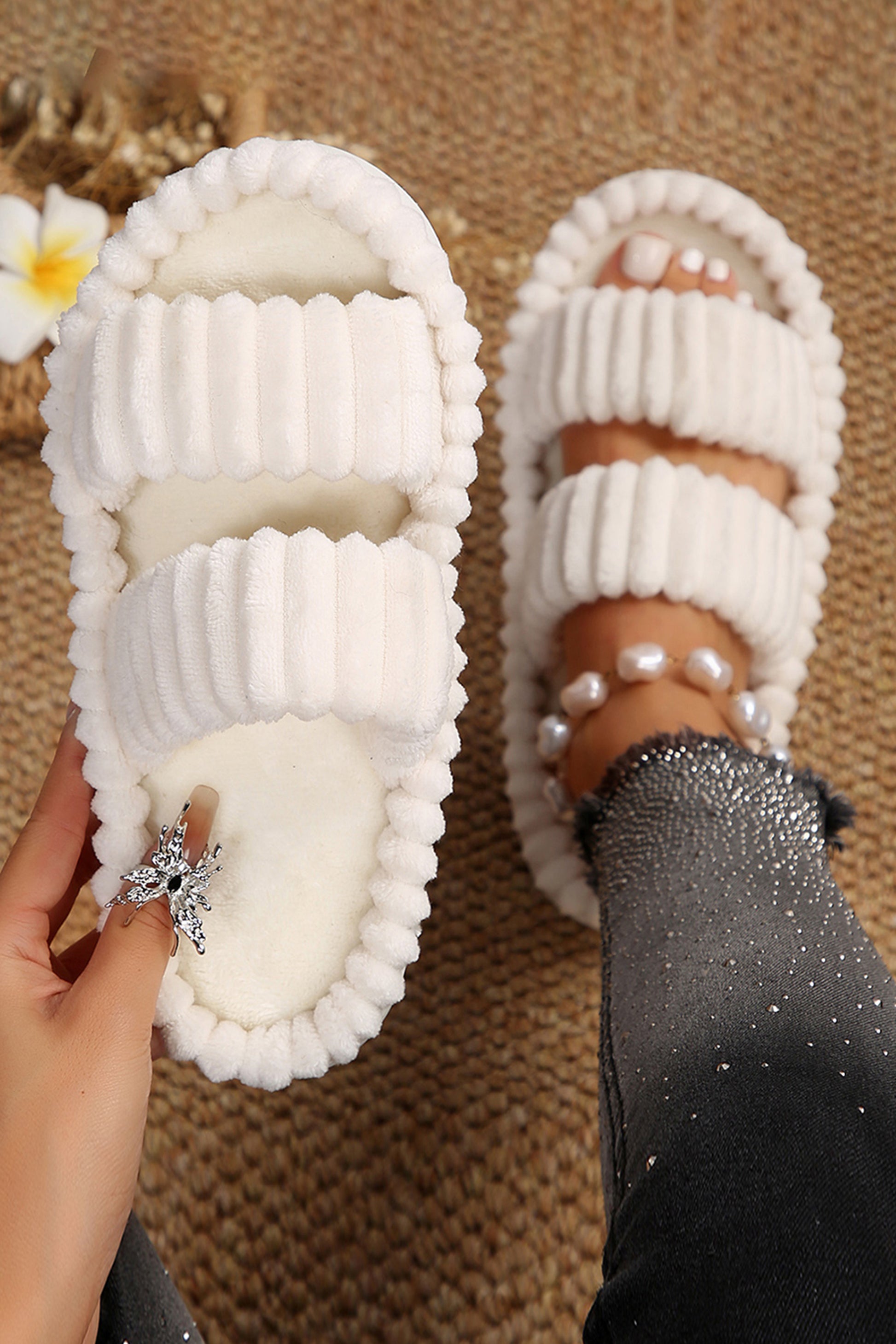 White Soft Ribbed Double Straps Flat Slippers Slippers JT's Designer Fashion