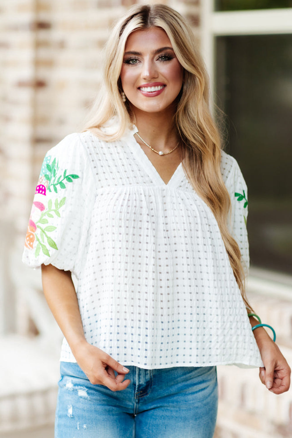 White Floral Embroidered Puff Sleeve Notched Neck Blouse Tops & Tees JT's Designer Fashion