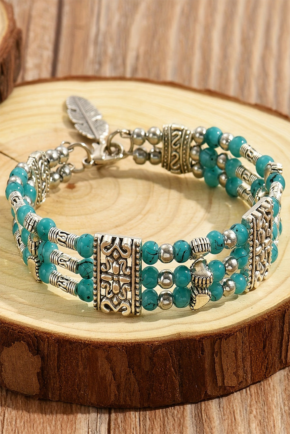 Green Boho Turquoise Beaded Geometric Carved Feather Bracelet Jewelry JT's Designer Fashion