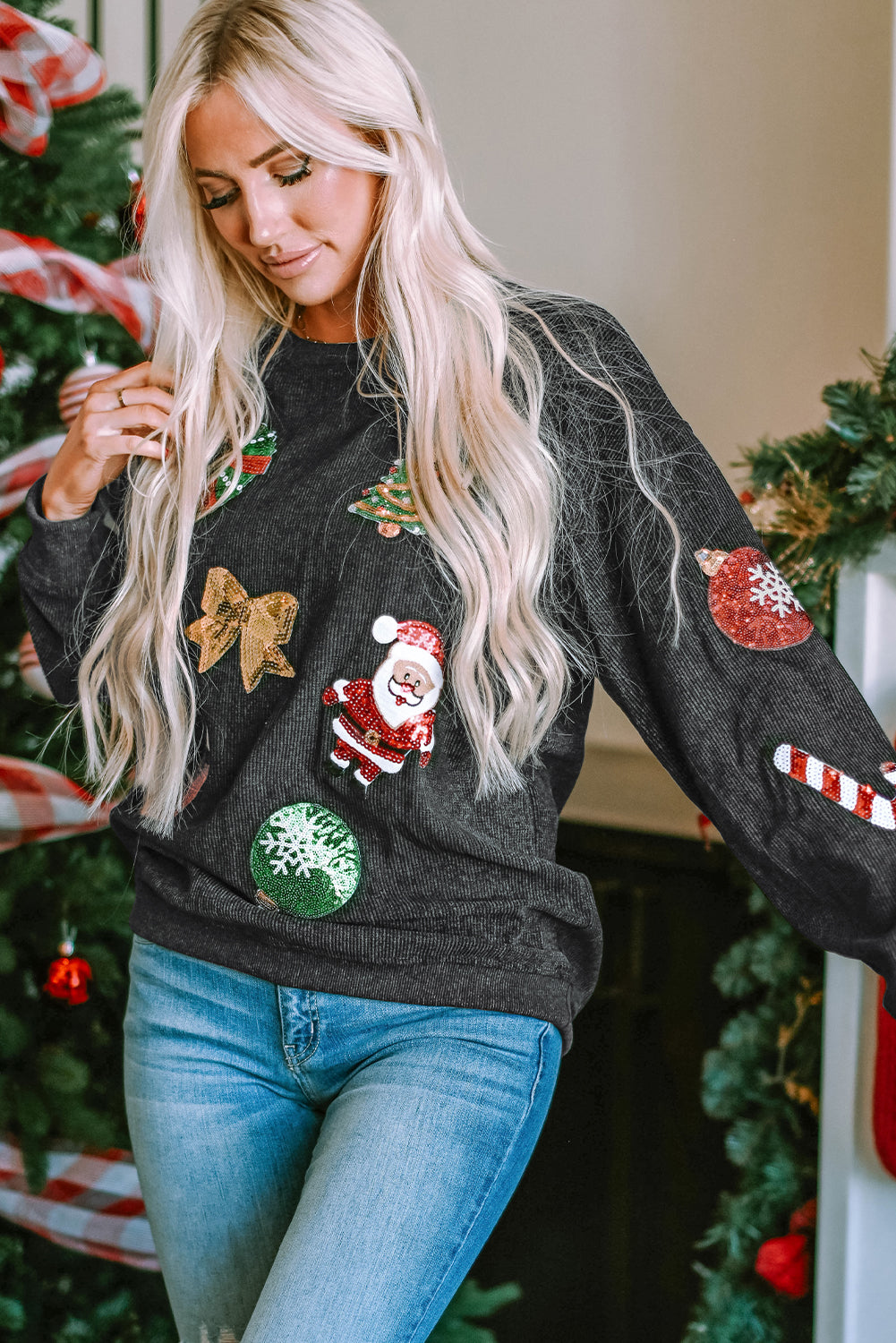 Black Sequined Christmas Graphic Corded Sweatshirt Graphic Sweatshirts JT's Designer Fashion