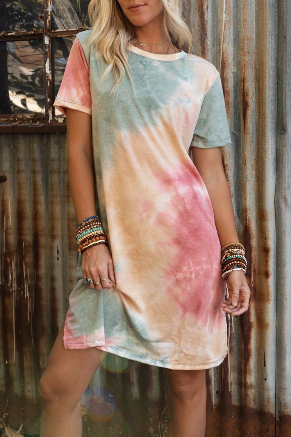 Multicolor Tie Dye Oversized Slit Tee Dress T Shirt Dresses JT's Designer Fashion