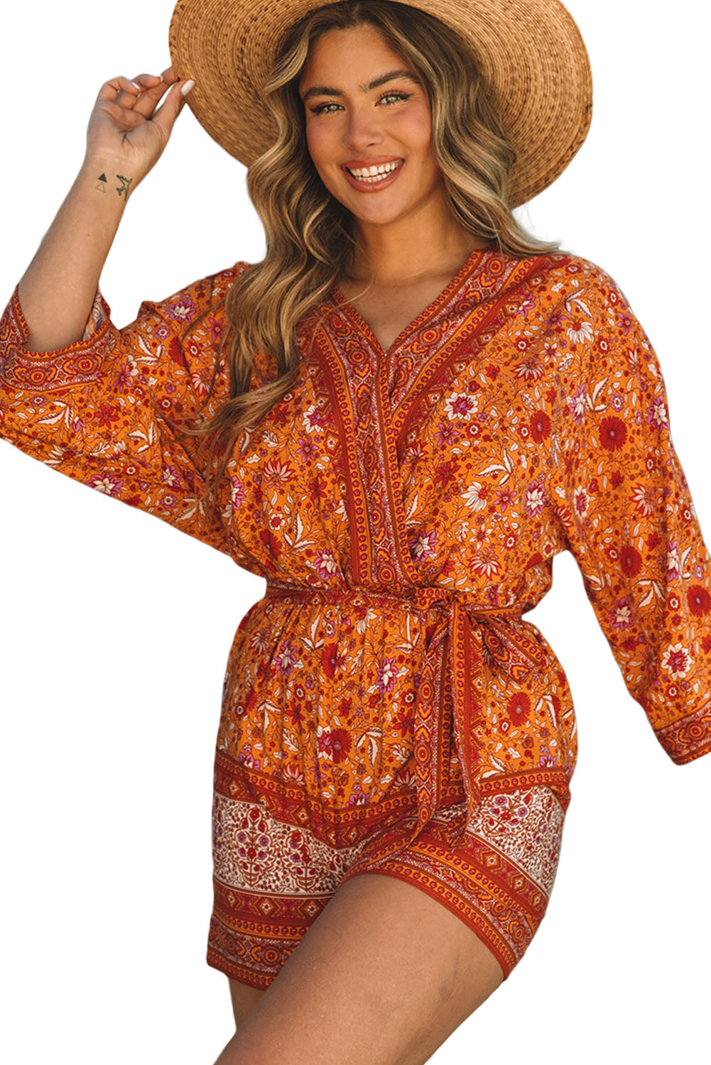 Orange Boho Floral Wrap V Neck Tie Waist Romper Jumpsuits & Rompers JT's Designer Fashion