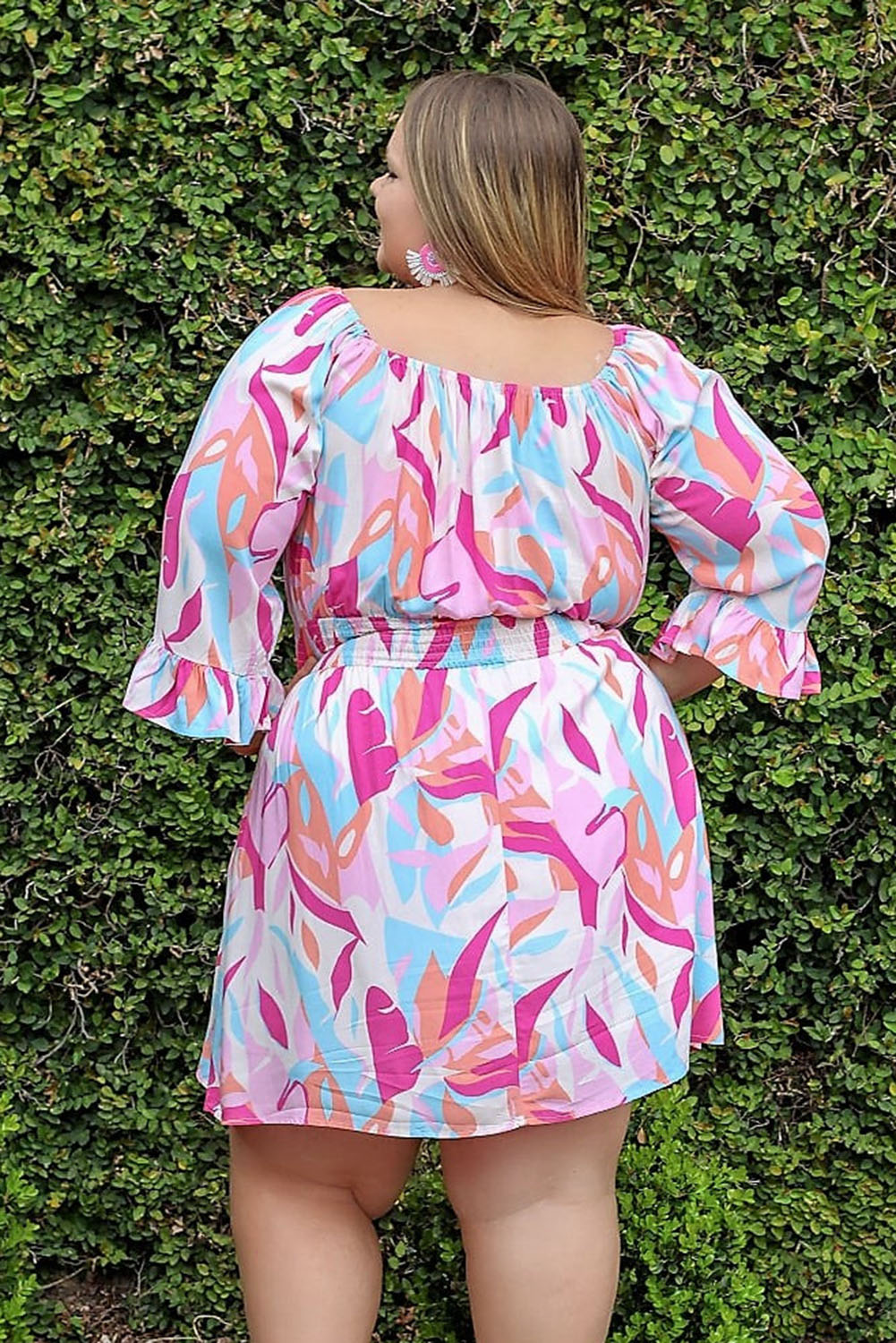 Pink Geometric Print Long Sleeve Ruffled Plus Size Dress Plus Size JT's Designer Fashion