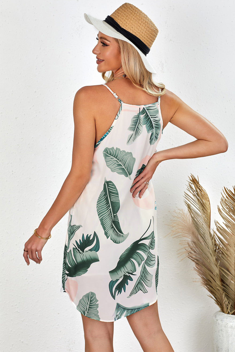 Palm Tree Leaf Print Ivory Sleeveless Dress Floral Dresses JT's Designer Fashion